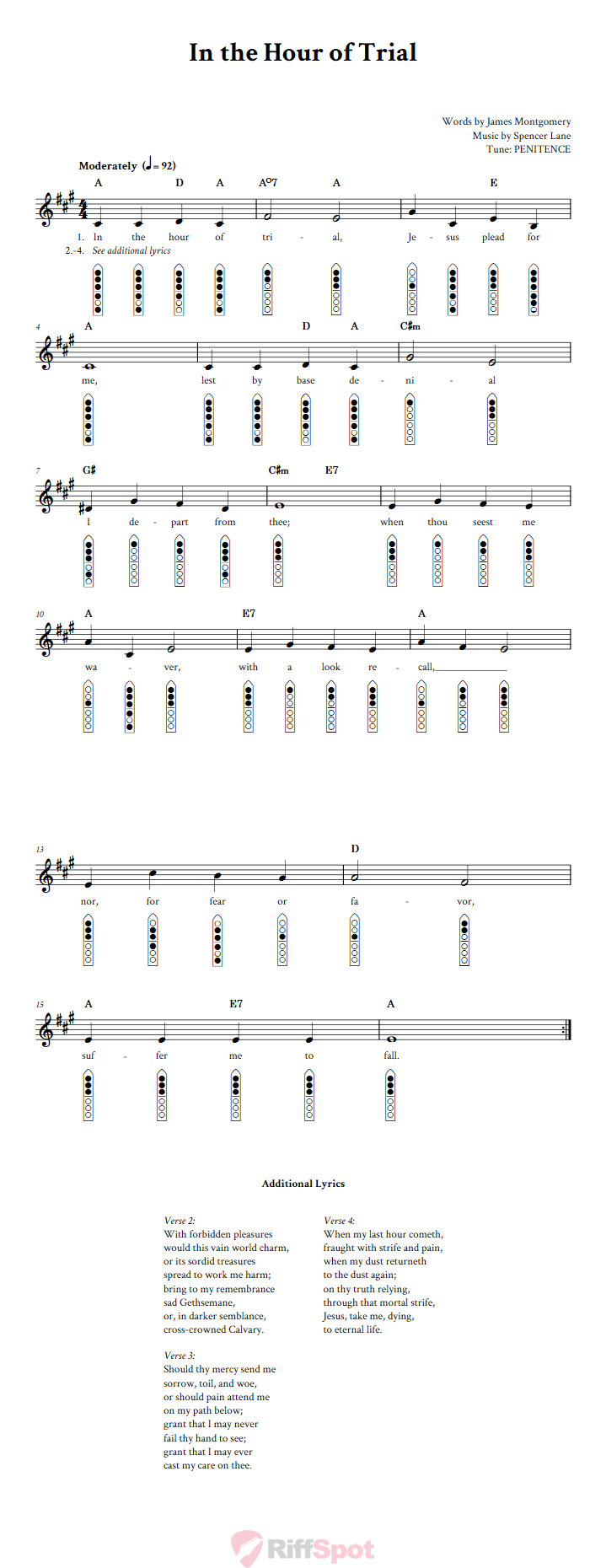 In the Hour of Trial 6-Hole Native American Flute Sheet Music and Tab (Fingering Diagrams)