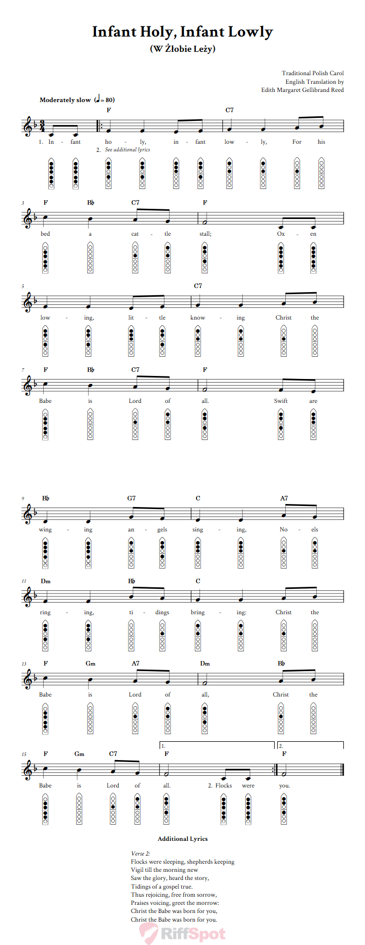 Infant Holy, Infant Lowly 6-Hole Native American Flute Sheet Music and Tab (Fingering Diagrams)