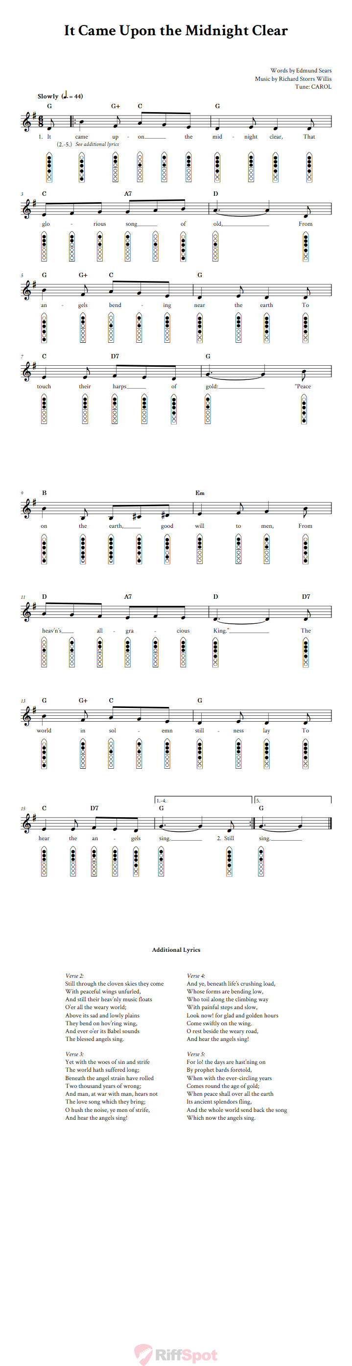 It Came Upon the Midnight Clear 6-Hole Native American Flute Sheet Music and Tab (Fingering Diagrams)
