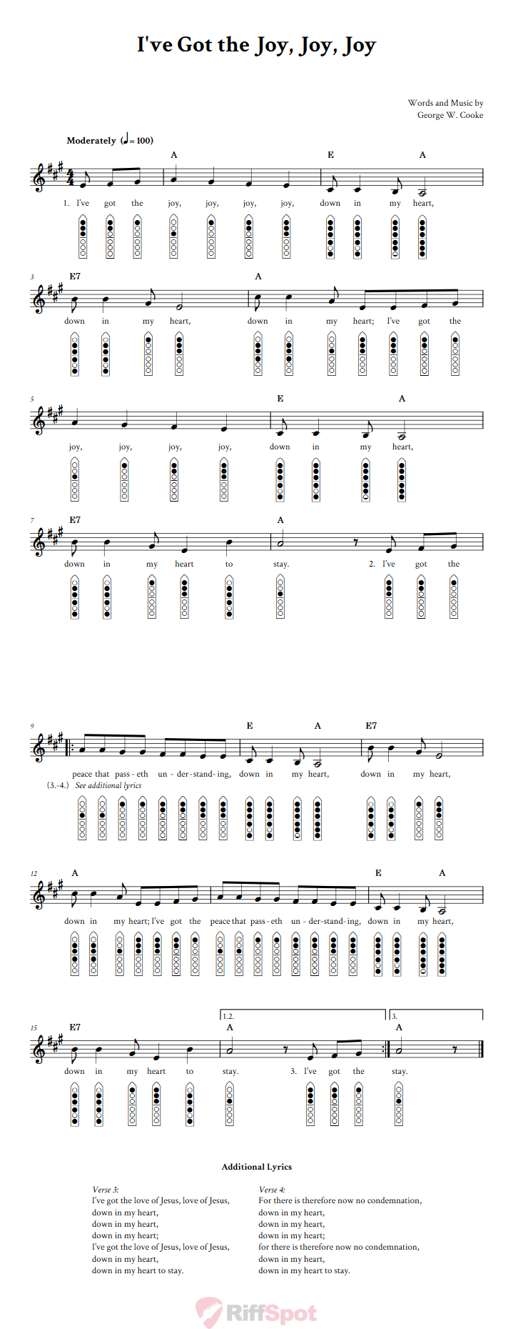 I've Got the Joy, Joy, Joy 6-Hole Native American Flute Sheet Music and Tab (Fingering Diagrams)