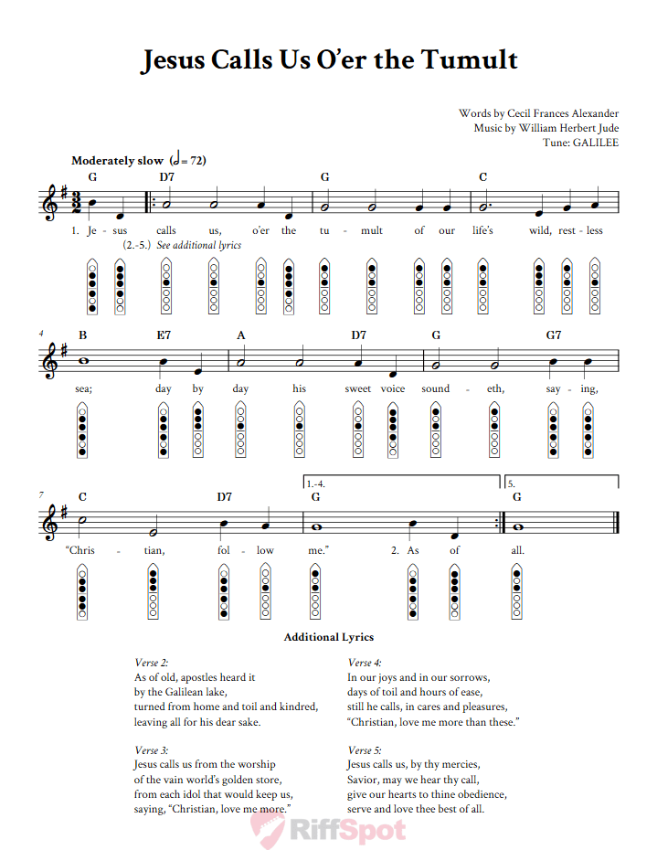 Jesus Calls Us O'er the Tumult 6-Hole Native American Flute Sheet Music and Tab (Fingering Diagrams)