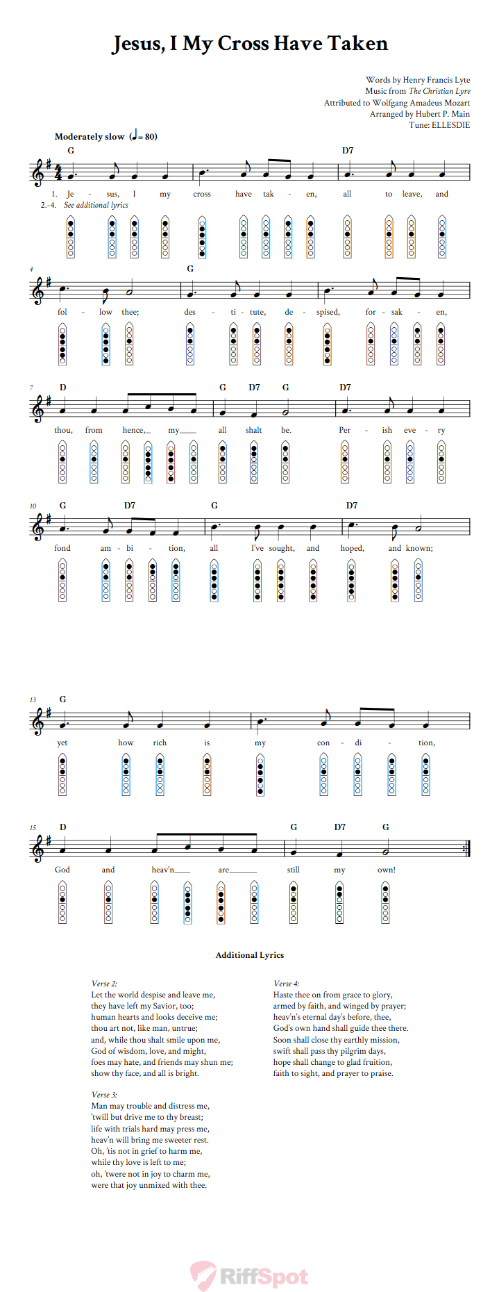 Jesus, I My Cross Have Taken 6-Hole Native American Flute Sheet Music and Tab (Fingering Diagrams)