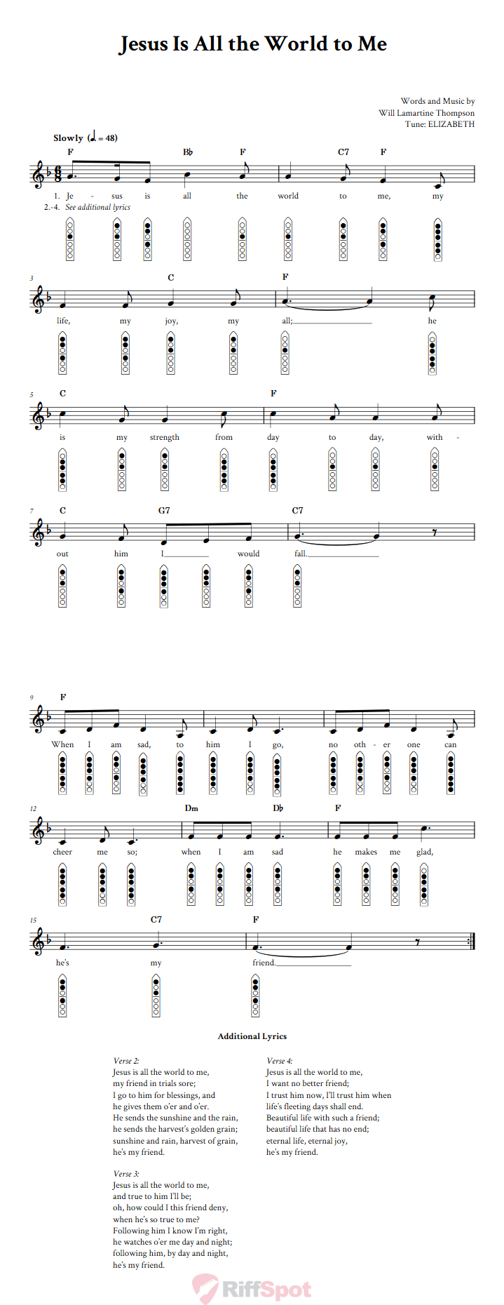 Jesus Is All the World to Me 6-Hole Native American Flute Sheet Music and Tab (Fingering Diagrams)