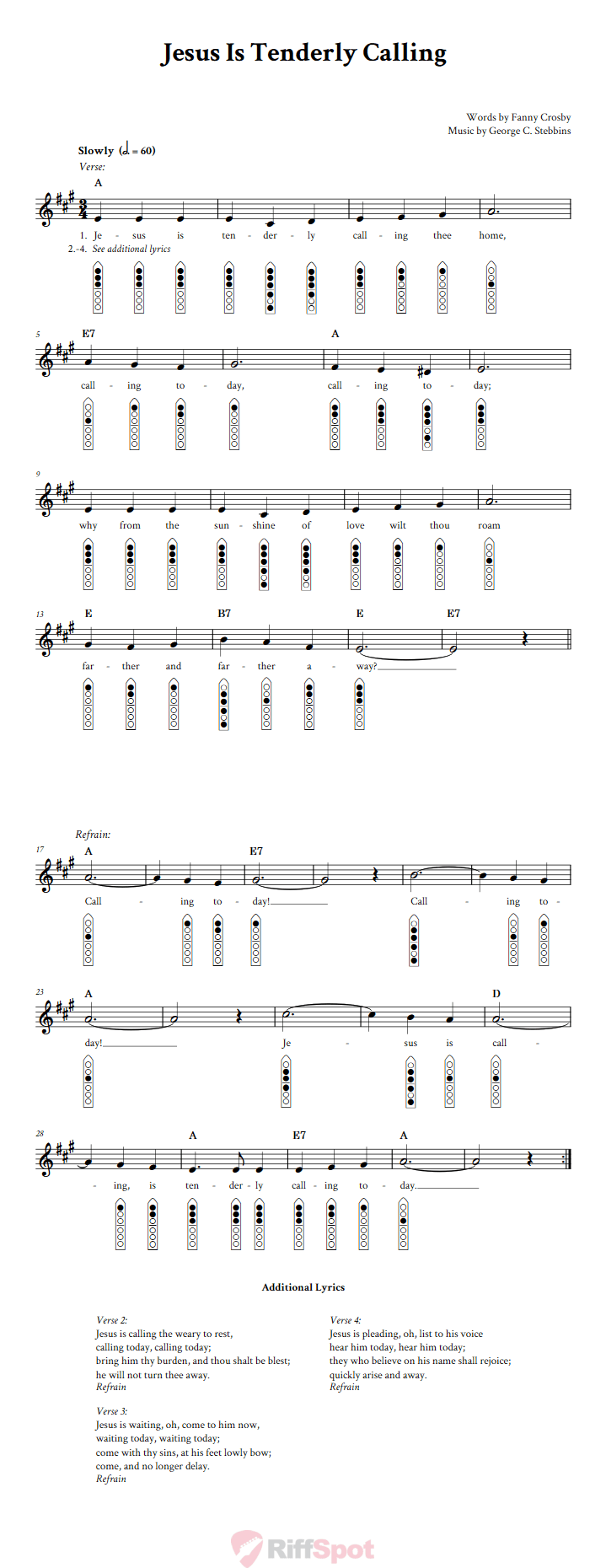 Jesus Is Tenderly Calling 6-Hole Native American Flute Sheet Music and Tab (Fingering Diagrams)