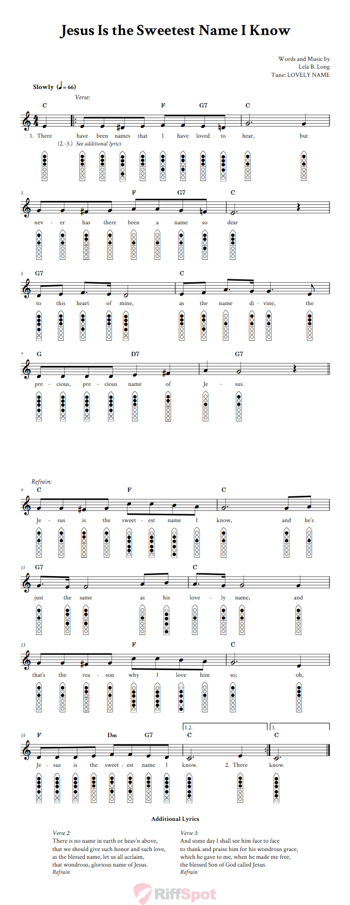 Jesus Is the Sweetest Name I Know 6-Hole Native American Flute Sheet Music and Tab (Fingering Diagrams)