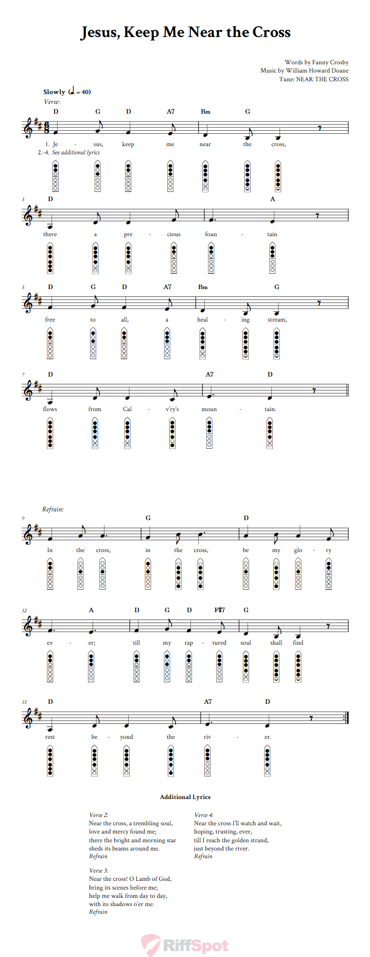 Jesus, Keep Me Near the Cross 6-Hole Native American Flute Sheet Music and Tab (Fingering Diagrams)