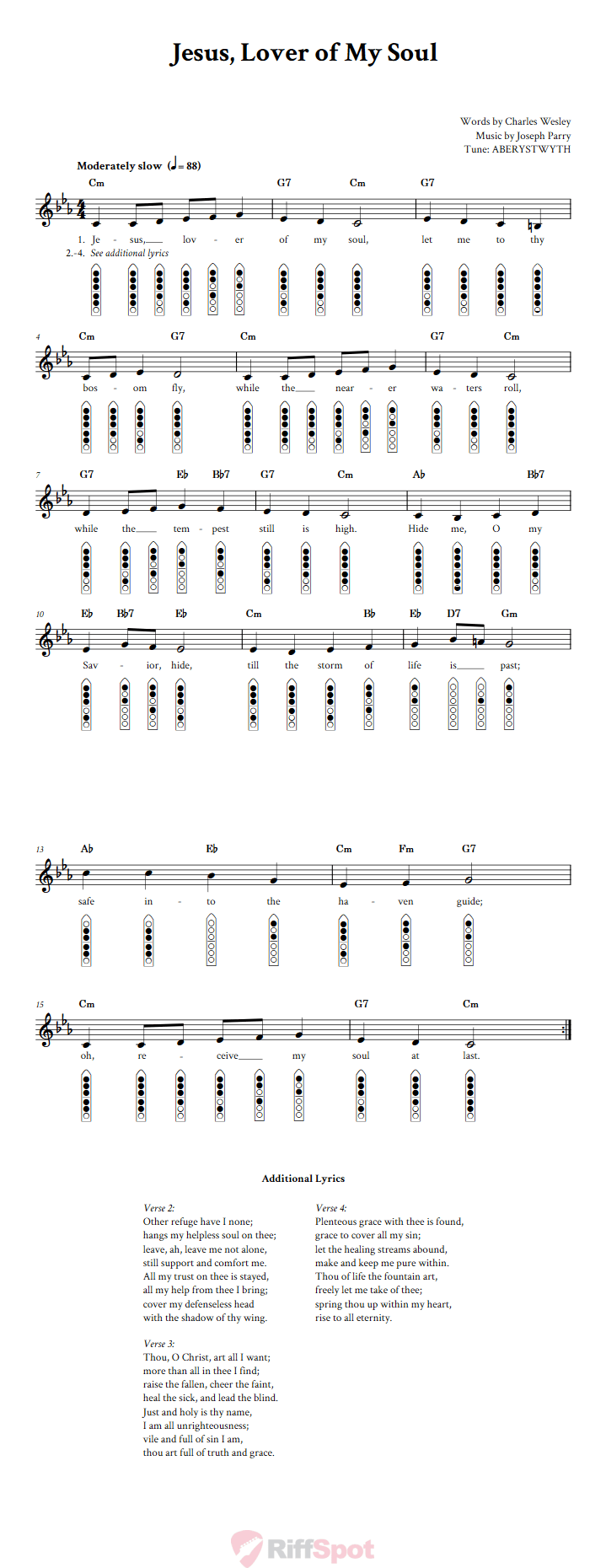 Jesus, Lover of My Soul 6-Hole Native American Flute Sheet Music and Tab (Fingering Diagrams)