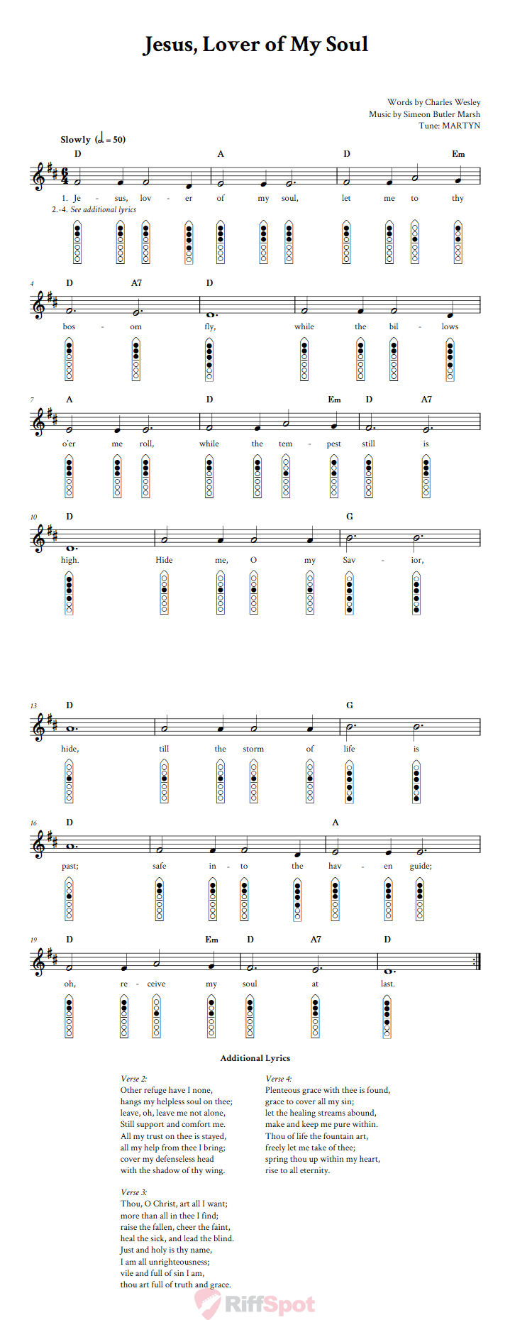 Jesus, Lover of My Soul 6-Hole Native American Flute Sheet Music and Tab (Fingering Diagrams)