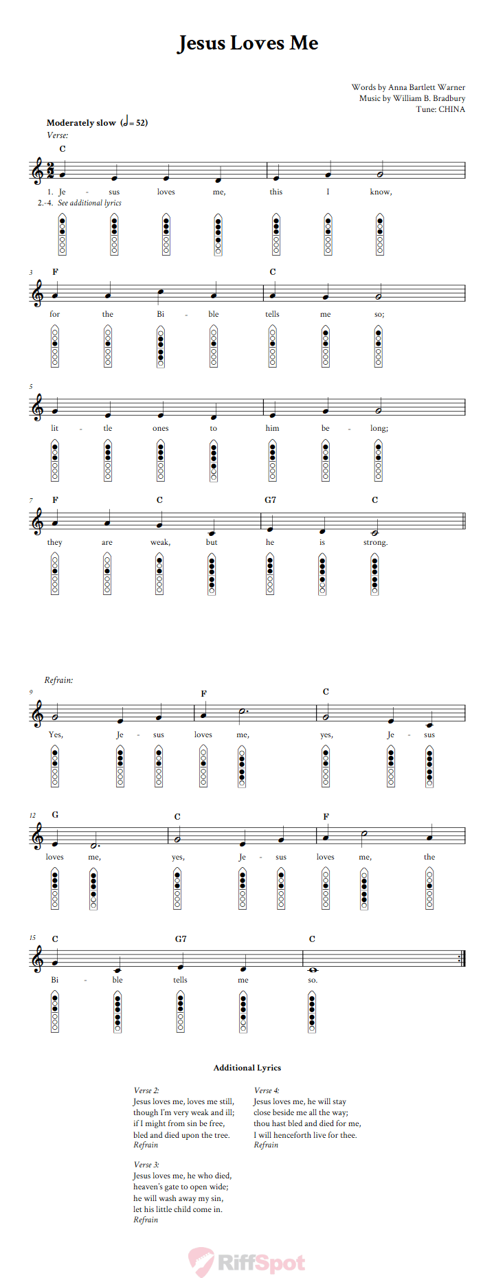 Jesus Loves Me 6-Hole Native American Flute Sheet Music and Tab (Fingering Diagrams)