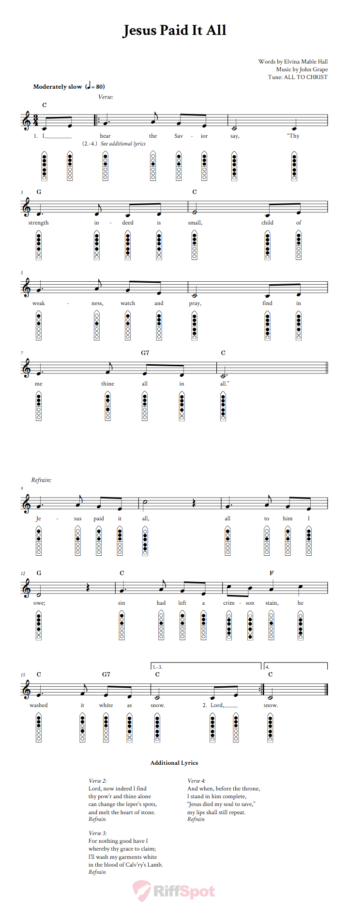 Jesus Paid It All 6-Hole Native American Flute Sheet Music and Tab (Fingering Diagrams)