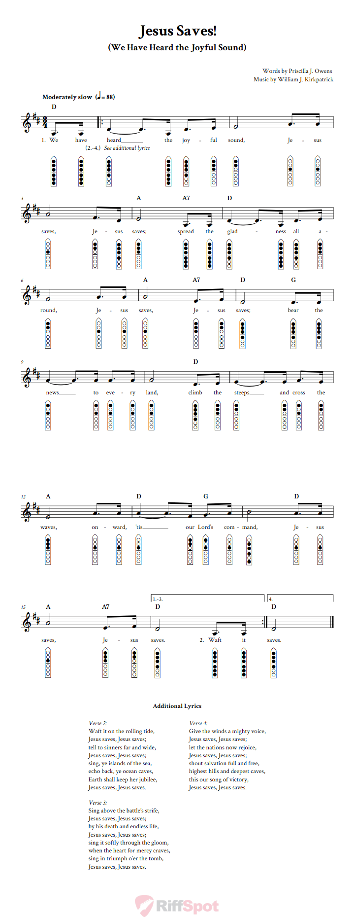 Jesus Saves! 6-Hole Native American Flute Sheet Music and Tab (Fingering Diagrams)