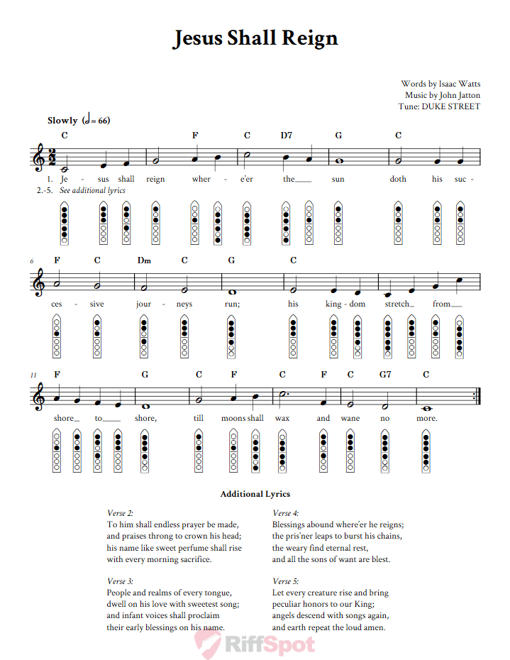 Jesus Shall Reign 6-Hole Native American Flute Sheet Music and Tab (Fingering Diagrams)