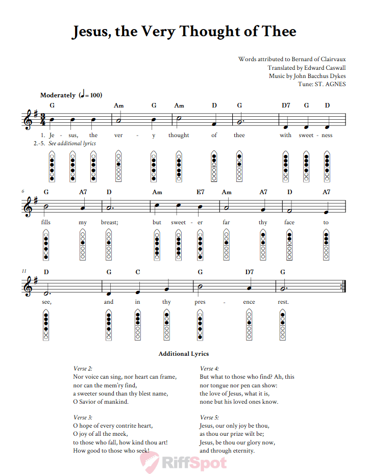 Jesus, the Very Thought of Thee 6-Hole Native American Flute Sheet Music and Tab (Fingering Diagrams)