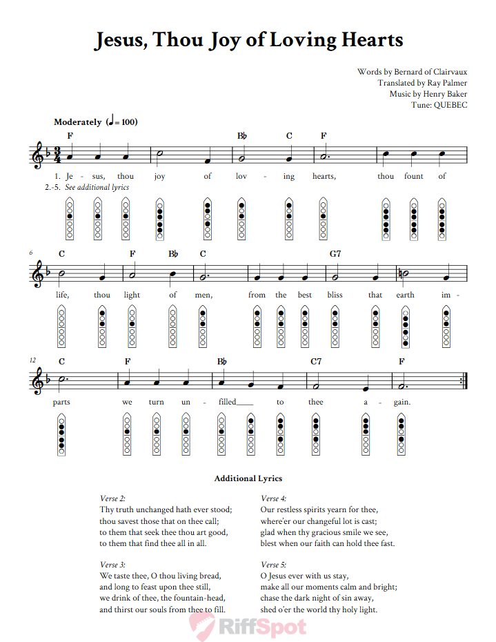 Jesus, Thou Joy of Loving Hearts 6-Hole Native American Flute Sheet Music and Tab (Fingering Diagrams)