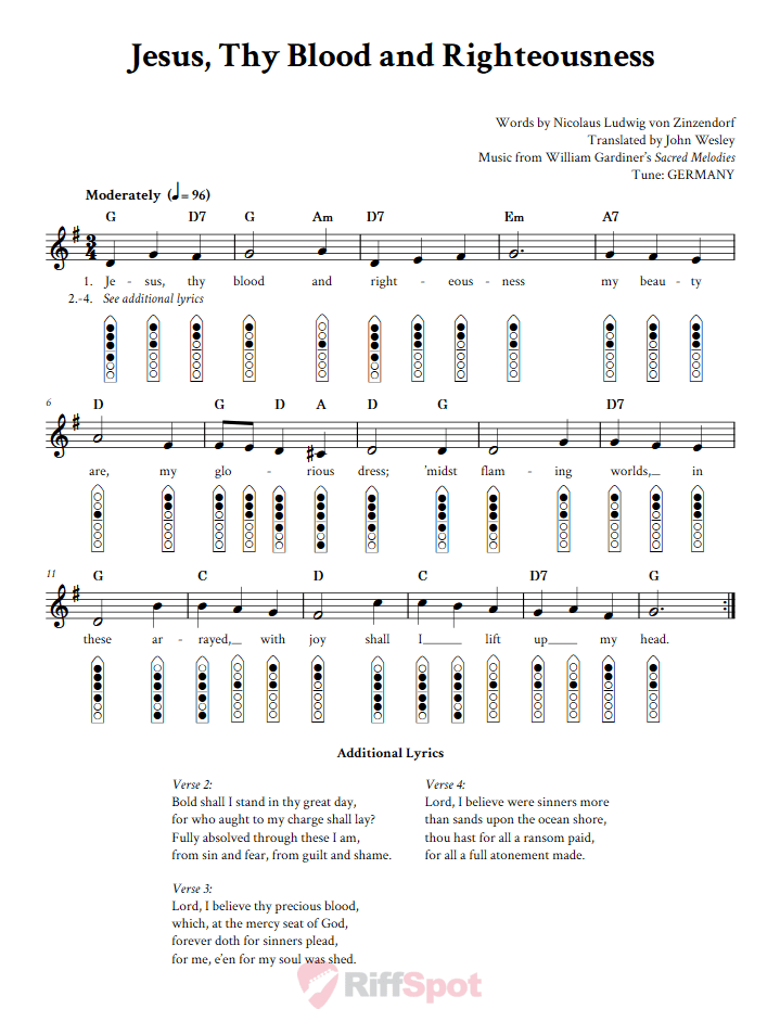 Jesus, Thy Blood and Righteousness 6-Hole Native American Flute Sheet Music and Tab (Fingering Diagrams)