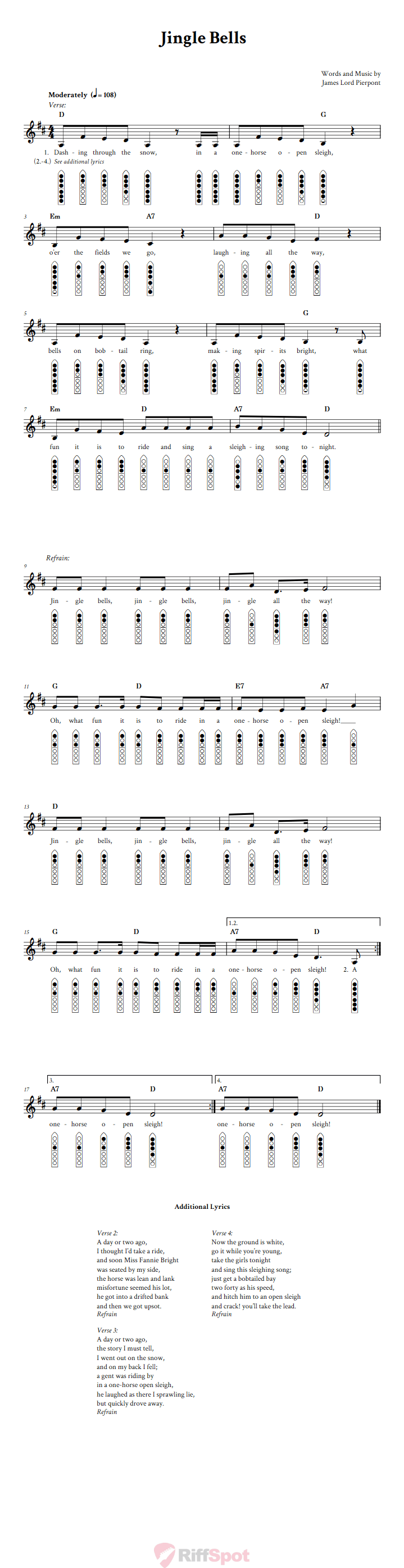 Jingle Bells 6-Hole Native American Flute Sheet Music and Tab (Fingering Diagrams)