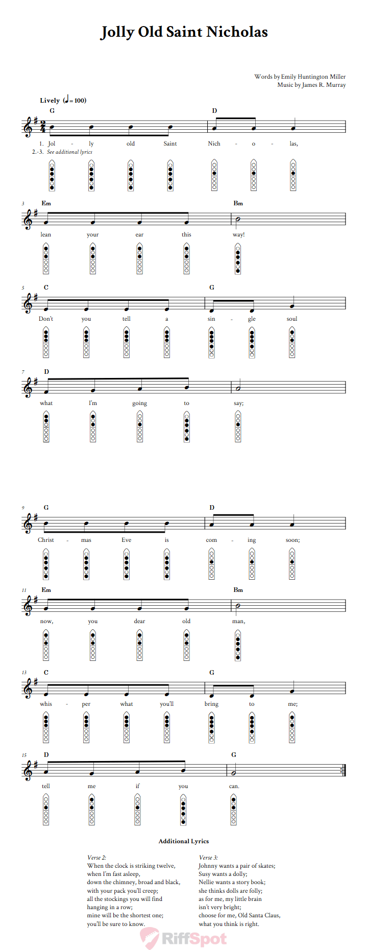 Jolly Old Saint Nicholas 6-Hole Native American Flute Sheet Music and Tab (Fingering Diagrams)