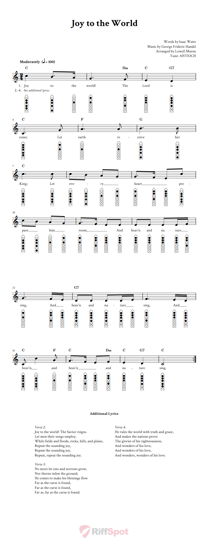 Joy to the World 6-Hole Native American Flute Sheet Music and Tab (Fingering Diagrams)