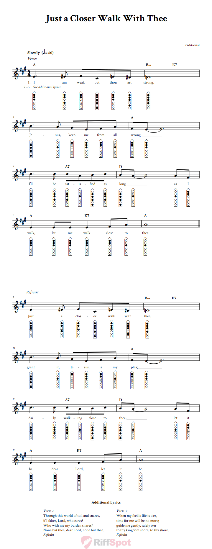 Just a Closer Walk with Thee 6-Hole Native American Flute Sheet Music and Tab (Fingering Diagrams)