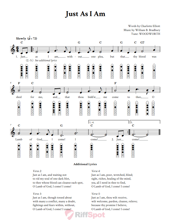 Just As I Am 6-Hole Native American Flute Sheet Music and Tab (Fingering Diagrams)