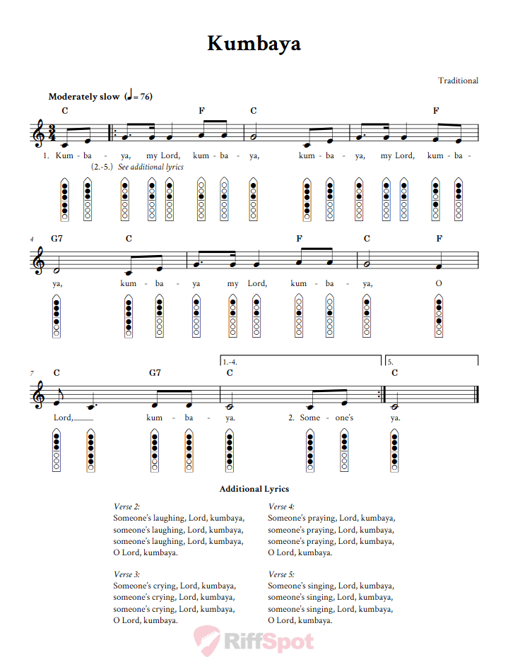 Kumbaya 6-Hole Native American Flute Sheet Music and Tab (Fingering Diagrams)