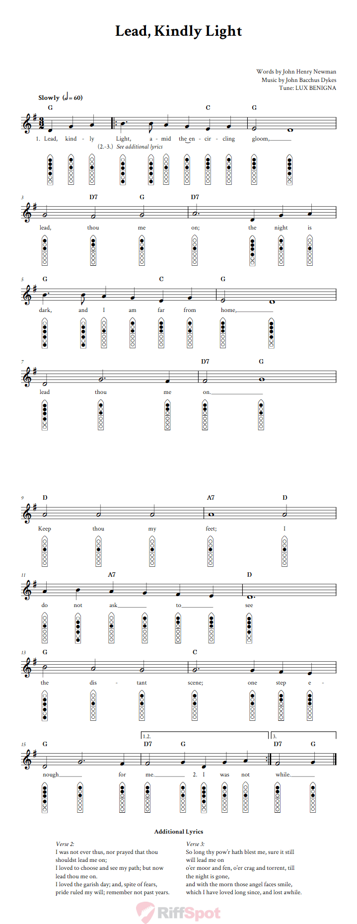 Lead, Kindly Light 6-Hole Native American Flute Sheet Music and Tab (Fingering Diagrams)
