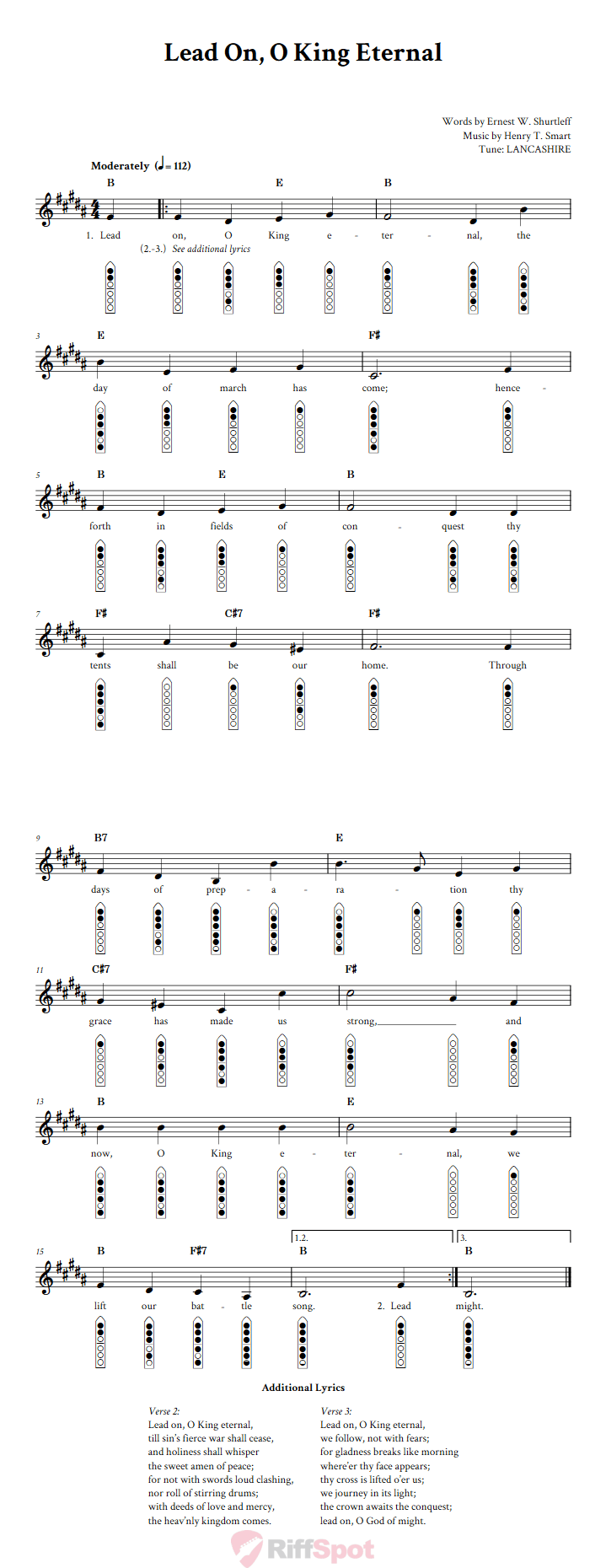 Lead On, O King Eternal 6-Hole Native American Flute Sheet Music and Tab (Fingering Diagrams)