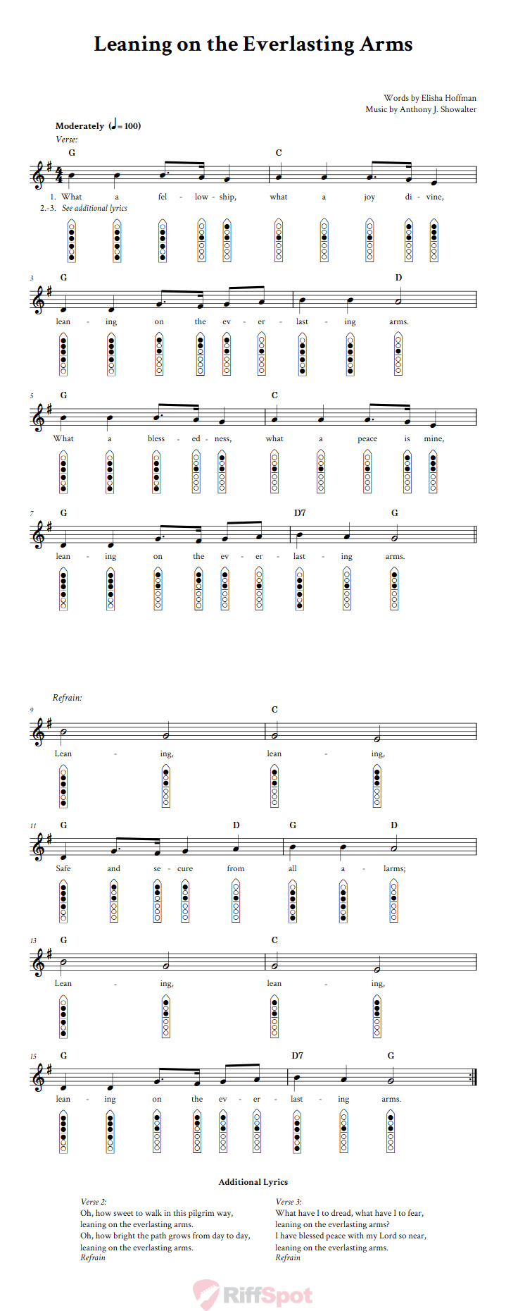 Leaning on the Everlasting Arms 6-Hole Native American Flute Sheet Music and Tab (Fingering Diagrams)