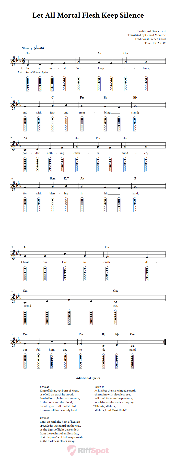 Let All Mortal Flesh Keep Silence 6-Hole Native American Flute Sheet Music and Tab (Fingering Diagrams)