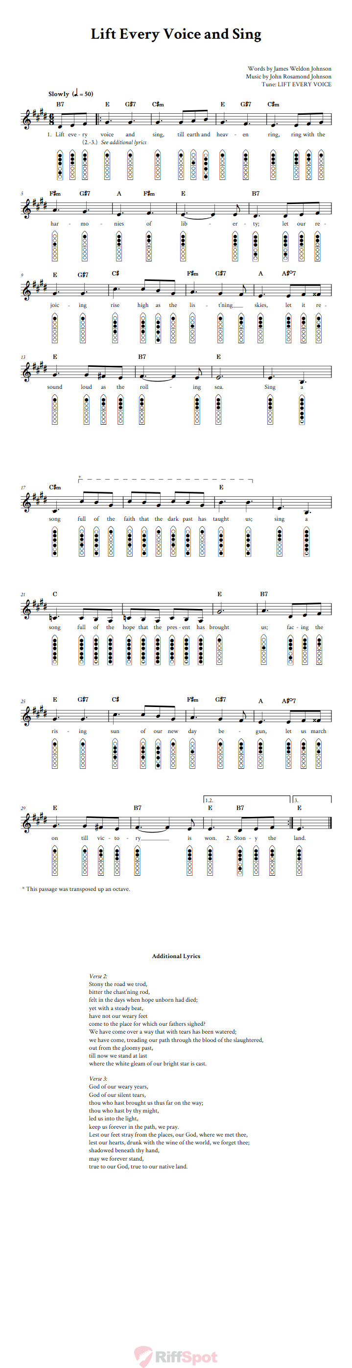 Lift Every Voice and Sing 6-Hole Native American Flute Sheet Music and Tab (Fingering Diagrams)