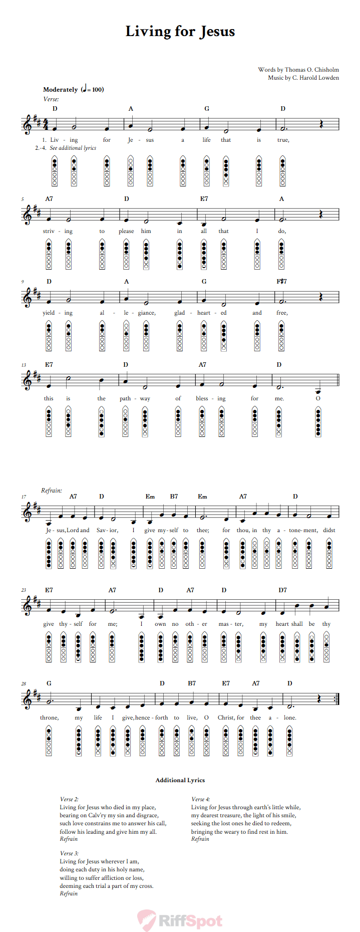 Living For Jesus 6-Hole Native American Flute Sheet Music and Tab (Fingering Diagrams)