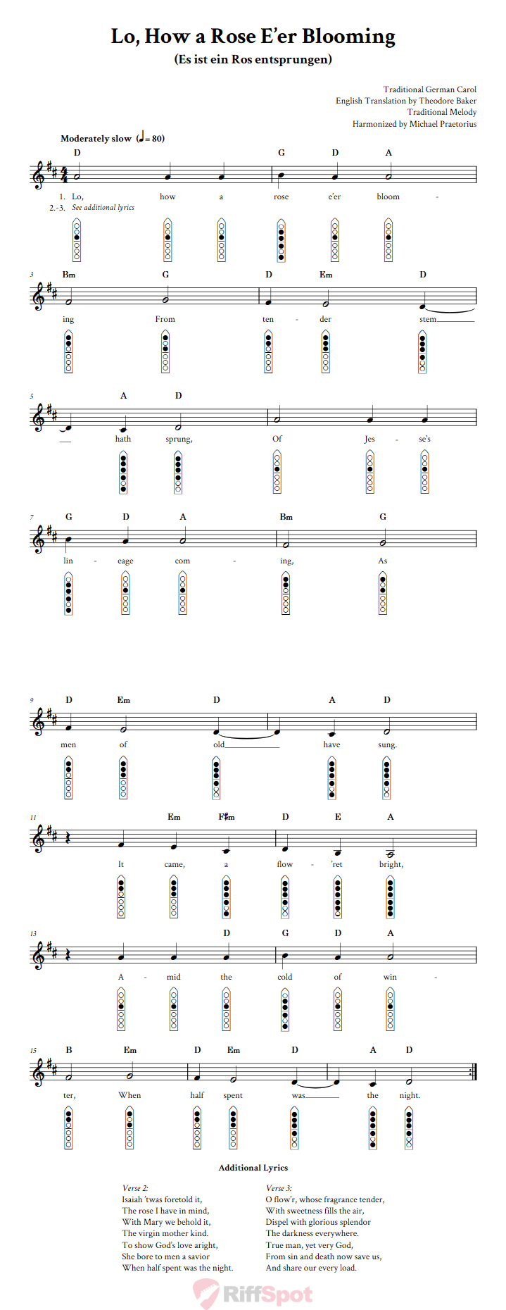 Lo, How a Rose E'er Blooming 6-Hole Native American Flute Sheet Music and Tab (Fingering Diagrams)