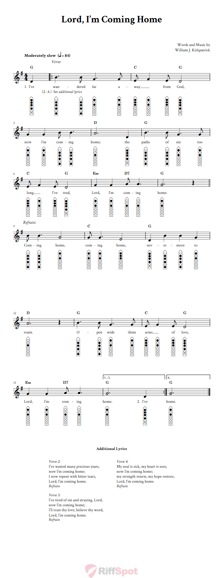 Lord, I'm Coming Home 6-Hole Native American Flute Sheet Music and Tab (Fingering Diagrams)