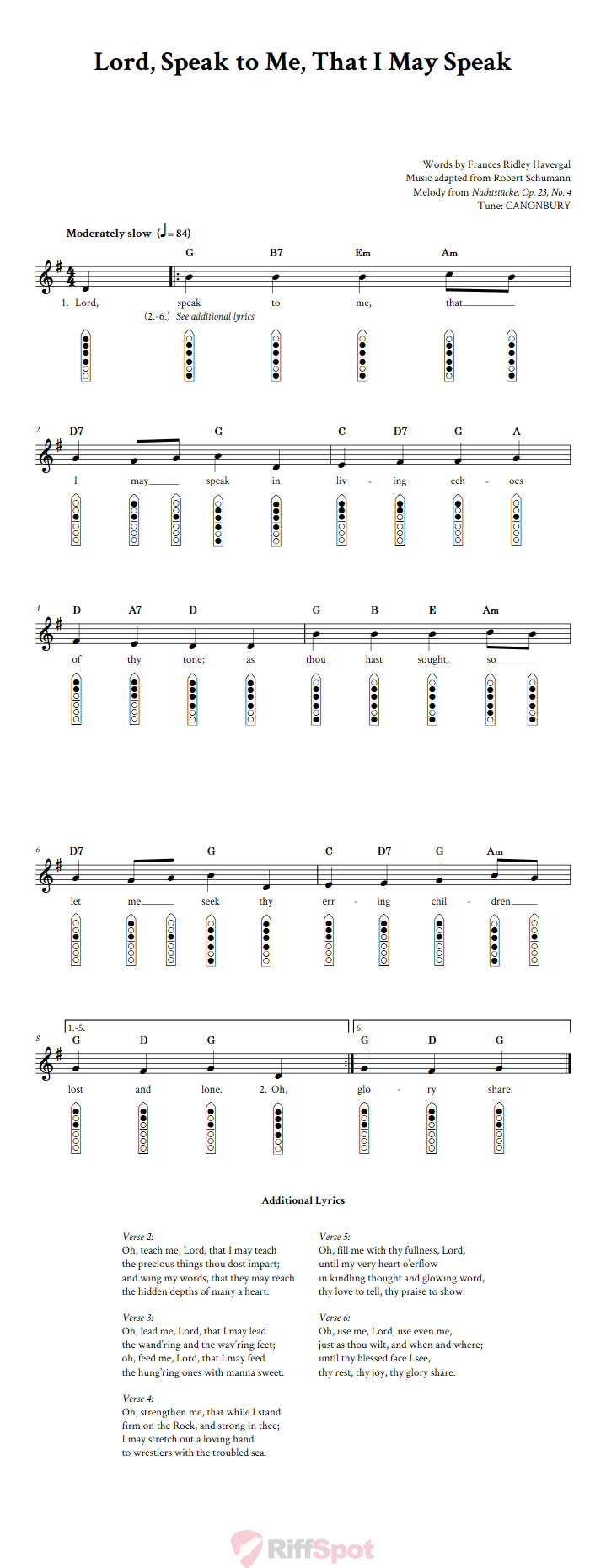 Lord, Speak to Me, that I May Speak 6-Hole Native American Flute Sheet Music and Tab (Fingering Diagrams)