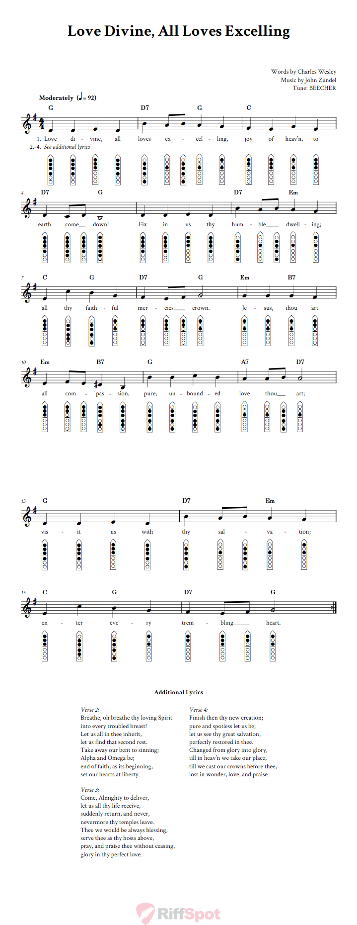 Love Divine, All Loves Excelling 6-Hole Native American Flute Sheet Music and Tab (Fingering Diagrams)