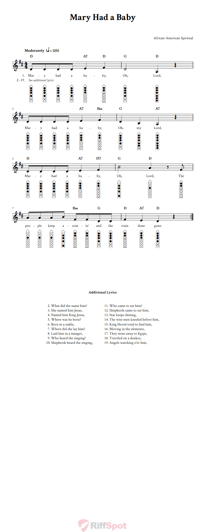 Mary Had a Baby 6-Hole Native American Flute Sheet Music and Tab (Fingering Diagrams)