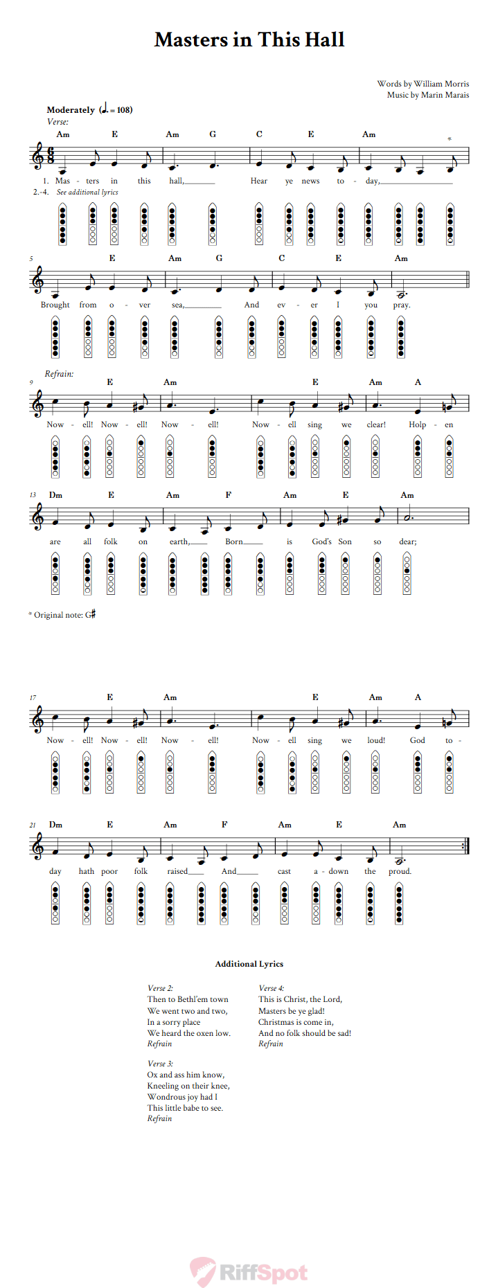 Masters in This Hall 6-Hole Native American Flute Sheet Music and Tab (Fingering Diagrams)