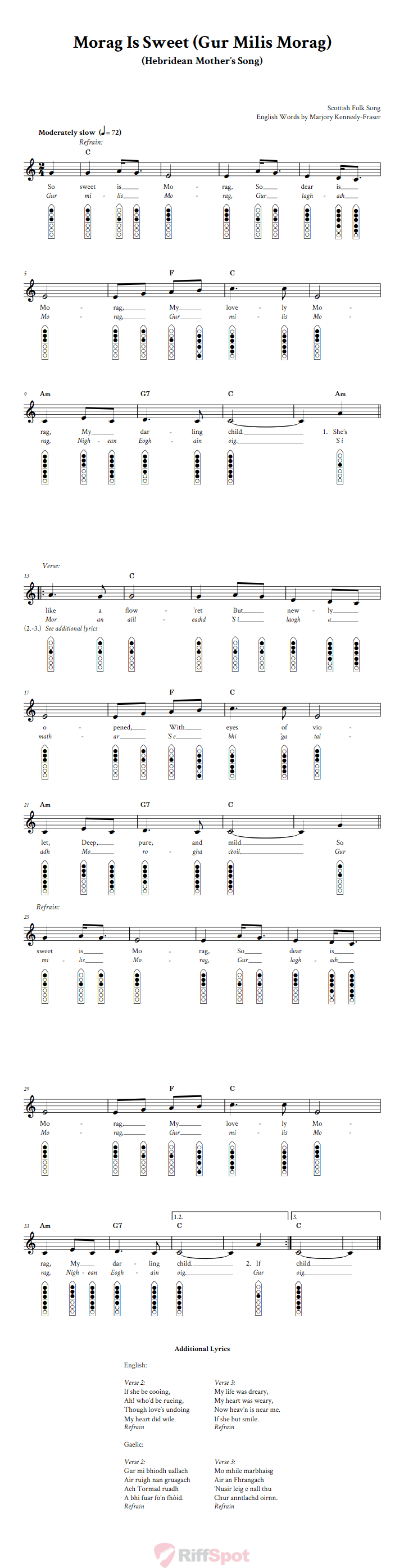 Morag Is Sweet  6-Hole Native American Flute Sheet Music and Tab (Fingering Diagrams)