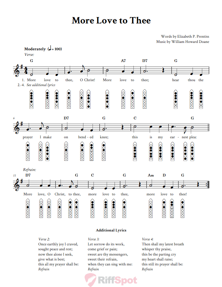 More Love To Thee 6-Hole Native American Flute Sheet Music and Tab (Fingering Diagrams)