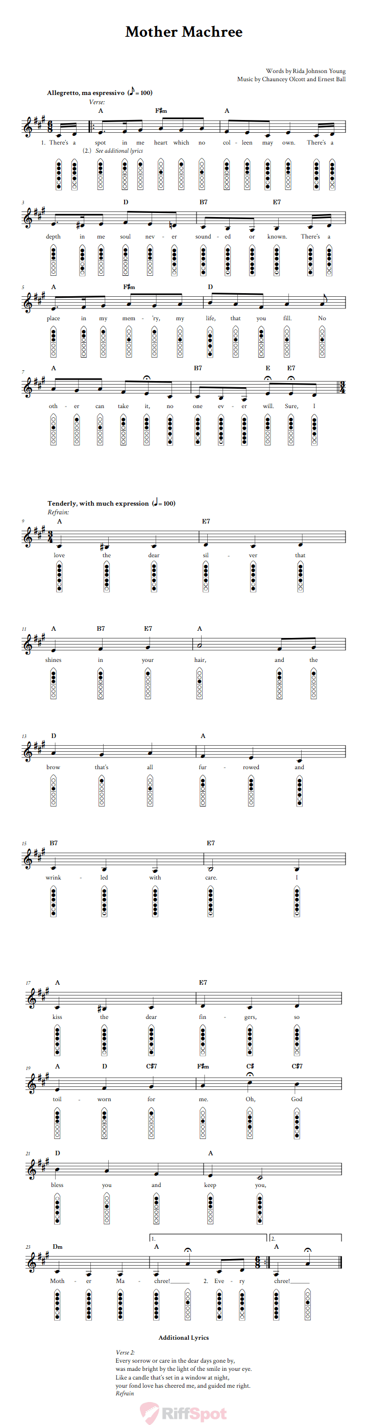 Mother Machree 6-Hole Native American Flute Sheet Music and Tab (Fingering Diagrams)