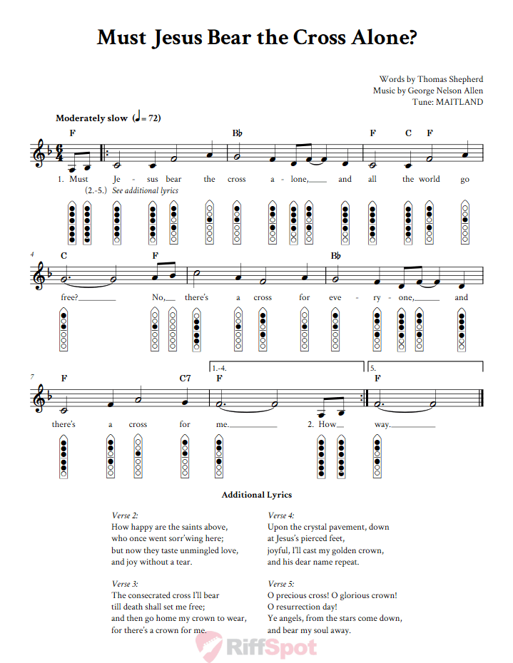 Must Jesus Bear the Cross Alone? 6-Hole Native American Flute Sheet Music and Tab (Fingering Diagrams)