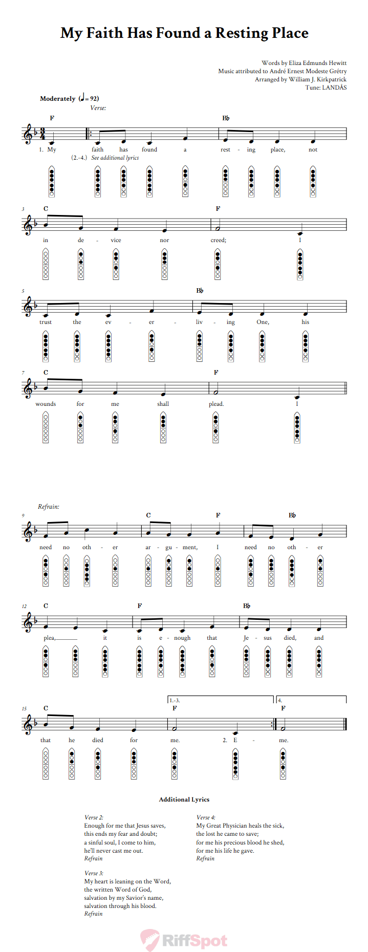 My Faith Has Found a Resting Place 6-Hole Native American Flute Sheet Music and Tab (Fingering Diagrams)