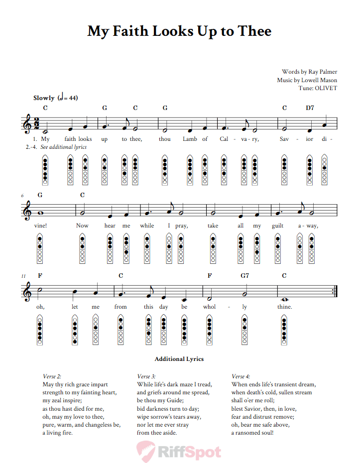 My Faith Looks Up to Thee 6-Hole Native American Flute Sheet Music and Tab (Fingering Diagrams)
