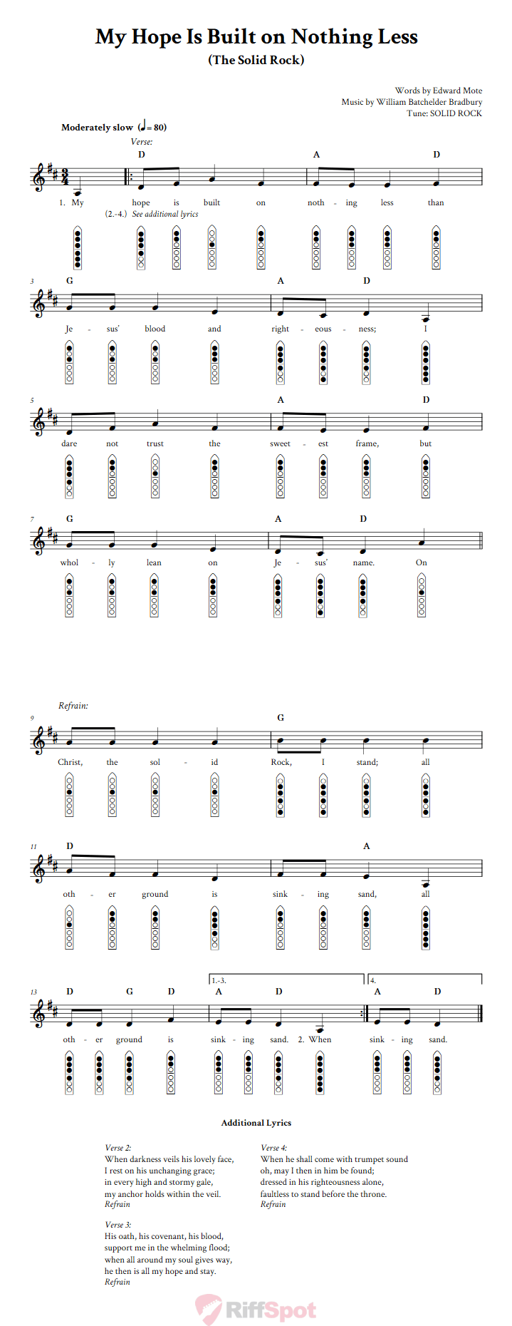 My Hope Is Built on Nothing Less 6-Hole Native American Flute Sheet Music and Tab (Fingering Diagrams)