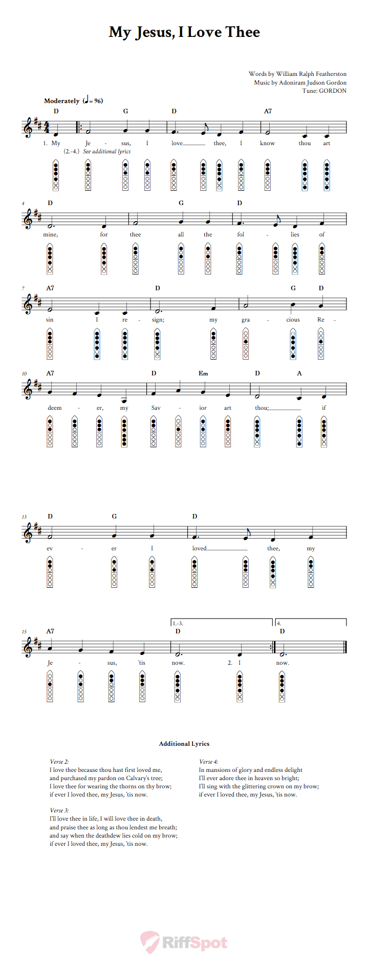 My Jesus, I Love Thee 6-Hole Native American Flute Sheet Music and Tab (Fingering Diagrams)
