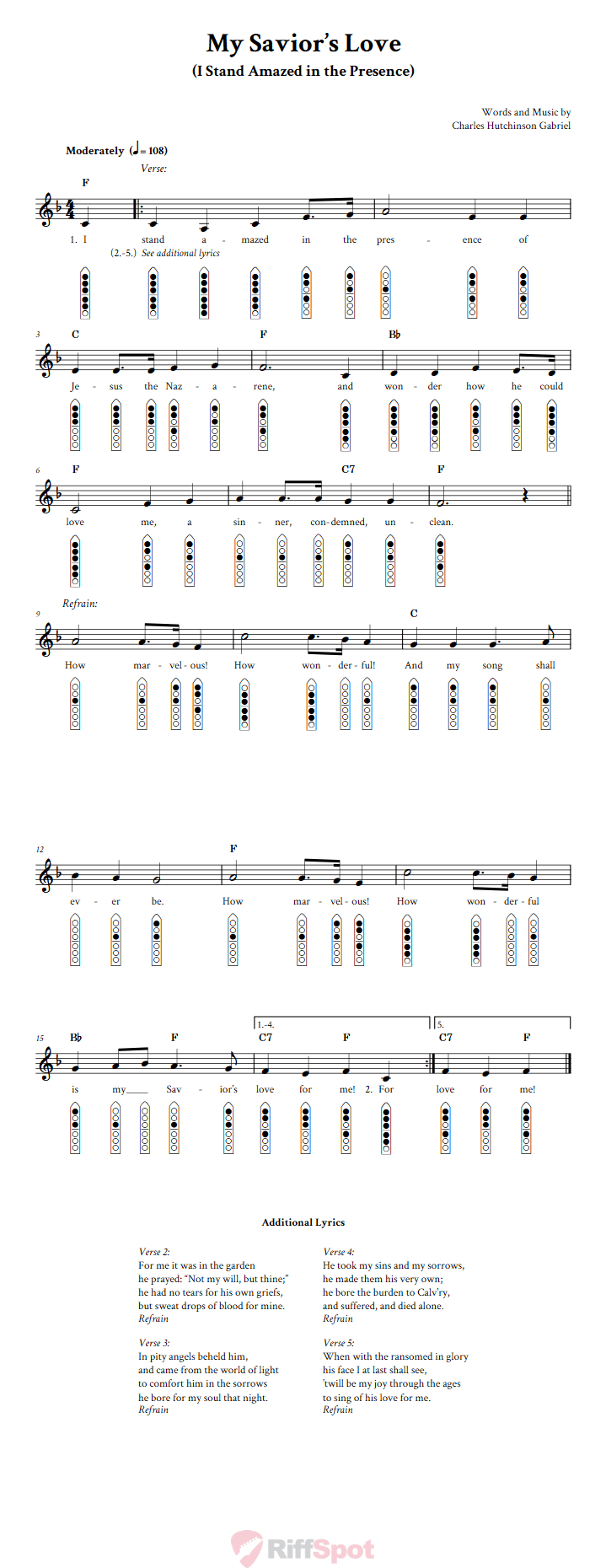 My Savior's Love 6-Hole Native American Flute Sheet Music and Tab (Fingering Diagrams)