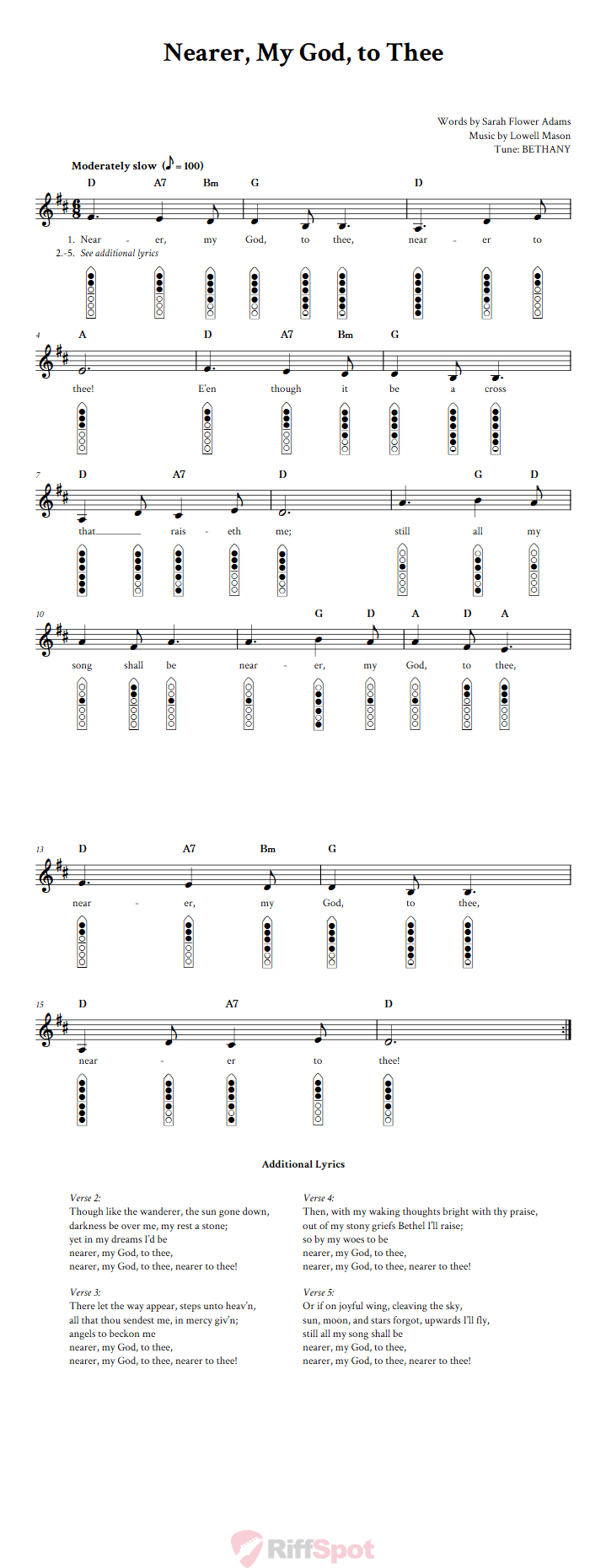 Nearer, My God, to Thee 6-Hole Native American Flute Sheet Music and Tab (Fingering Diagrams)