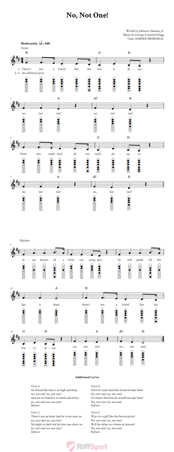 No, Not One! 6-Hole Native American Flute Sheet Music and Tab (Fingering Diagrams)