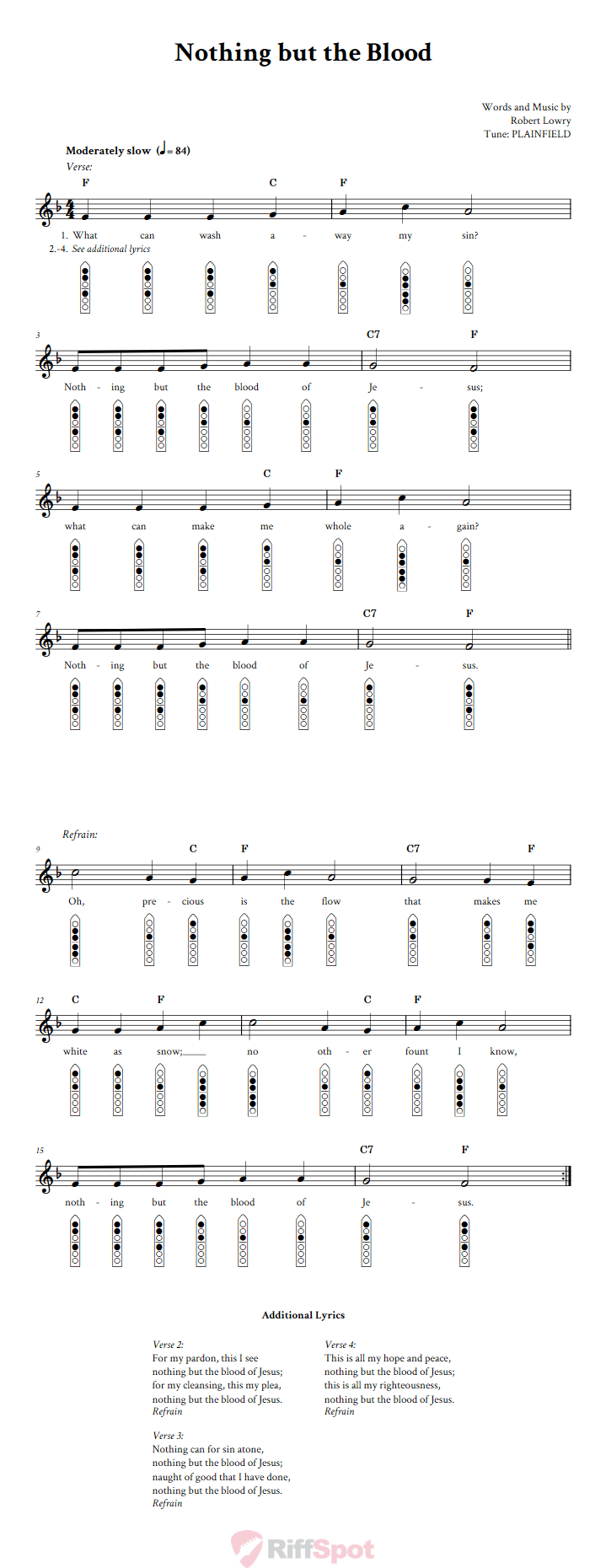 Nothing But the Blood 6-Hole Native American Flute Sheet Music and Tab (Fingering Diagrams)