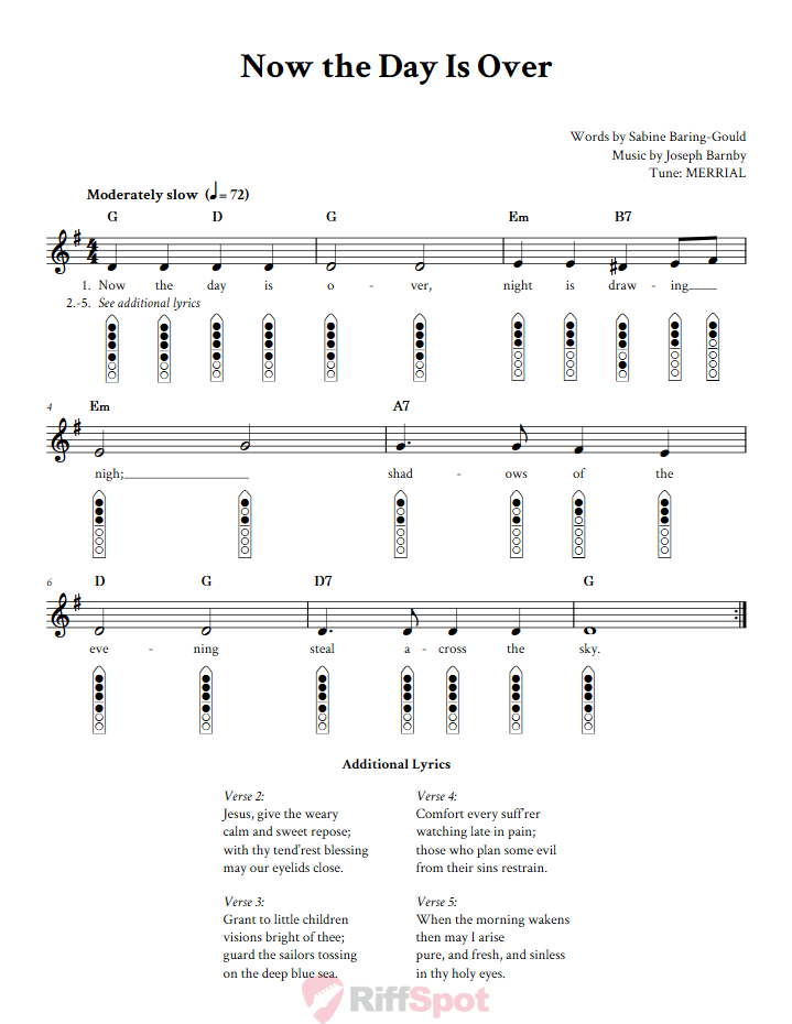 Now the Day Is Over 6-Hole Native American Flute Sheet Music and Tab (Fingering Diagrams)